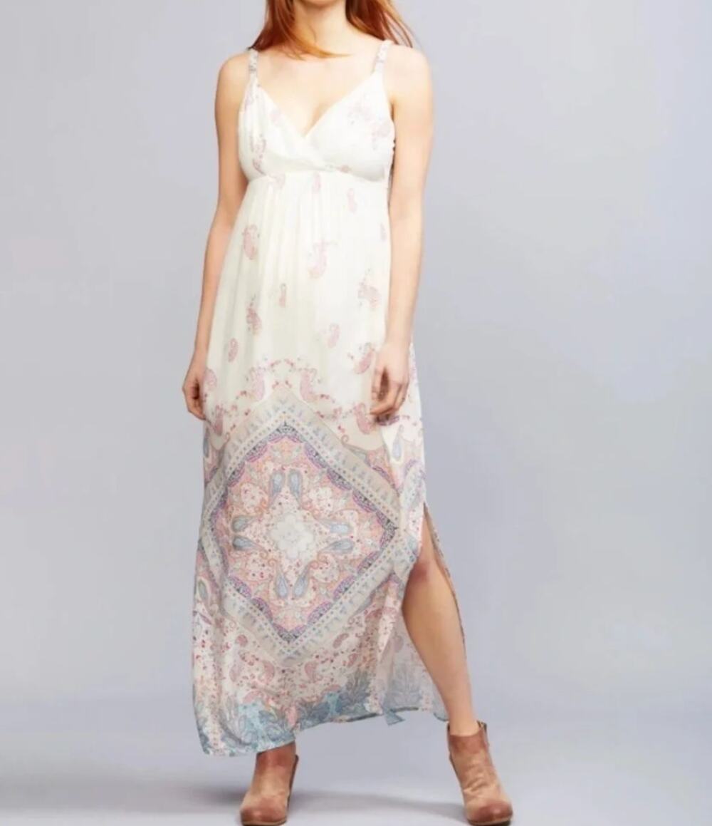 Seraphine Maternity Paisley Cami Midi Dress Cream Pink Crossover Neck US 6